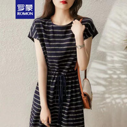 羅蒙（ROMON）休閑短袖中長款連衣裙女裝2024夏季新款高腰寬松顯瘦收腰條紋裙子 圖片色 均碼 （80-120斤）