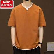 Lee dprre重磅美式復古假兩年冰絲短袖t恤男夏季2025新款潮牌半袖男裝體恤 6687橙色 2XL 約150-165斤可穿