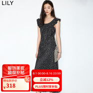 LILY夏新款女裝浪漫碎花荷葉邊領(lǐng)復(fù)古氣質(zhì)修身長(zhǎng)款無(wú)袖連衣裙 510黑 L