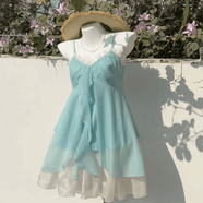 POSHOP  人魚戀歌 vintage復(fù)古雪紡上衣套裝  顯瘦夏季上衣兩件套 薄荷綠雪紡吊帶+半身短裙（2件套） M