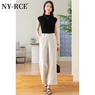 NY-RCE天絲麻白色闊腿褲女直筒九分休閑褲女松緊腰亞麻OL職業(yè)闊腿褲新款 亞麻色 26