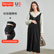 費雪孕婦裝連衣裙套裝秋冬季新款條紋蕾絲拼接背心裙高個(gè)子假兩件冬裝 黑色孕婦裙+打底襪【默認黑色發(fā)膚色備注】 M【100-125斤適穿】