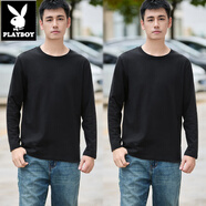 花花公子（PLAYBOY）2件裝精梳春秋純棉T恤男白色內(nèi)搭打底衫全棉圓領(lǐng)寬松上衣 黑色2件裝 M