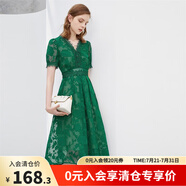 顏域短袖蕾絲連衣裙女夏裝新款鏤空時尚收腰氣質(zhì)V領(lǐng)顯瘦裙子 綠色 S/36