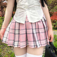 星眉小個(gè)子穿搭一整套jk制服格子裙套裝學(xué)院風(fēng)夏季短裙女日系百褶裙粉 39CM粉色致櫻+領(lǐng)結 XS 套裝襯衫默認發(fā)S