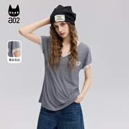 a02蕾絲拼接條紋短袖T恤女2025新款夏季V領(lǐng)寬松半袖設計感上衣 藍色 條紋 均碼