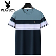 花花公子（PLAYBOY）夏季薄款日常休閑圓領(lǐng)包邊短袖條紋上衣體恤親膚休閑輕商務(wù)套頭衫 26218綠色 XL 52/180適合140-160斤