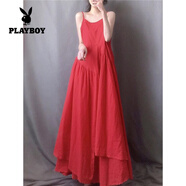 花花公子（PLAYBOY）撿漏文藝森系不規(guī)則大擺吊帶連衣裙超仙女棉亞麻背心長裙子 紅色 XL 【建議130-160斤】