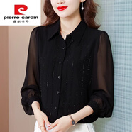 皮爾卡丹（pierre cardin）襯衫女高貴遮肚子雪紡衫24年新款女裝秋季寬松襯衫 黑色 2XL 建議125-135斤