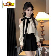 皮爾卡丹（pierre cardin）法式氣質(zhì)名媛套裝裙女秋季設計感蝴蝶結露肩襯衫高腰半身裙兩件套 長(cháng)袖襯衫+半身裙(兩件套) S 【85一95斤】