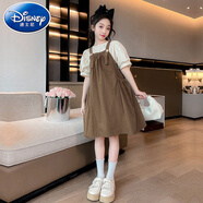 迪士尼（Disney）女童夏裝套裝2024中大童學(xué)生時(shí)髦韓版泡泡袖襯衫口袋背帶裙兩件套 卡其色 160 建議身高150-160年齡12-14歲