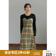 獨(dú)束大碼女裝【小森林格紋系列】拼接連衣裙女秋冬新款胖mm顯瘦絲絨裙 黑拼格紋長款 2XL