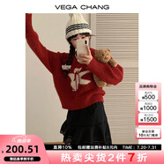 VEGA CHANG羊毛針織衫女2025年春秋季新款設(shè)計(jì)感甜美風(fēng)系帶小熊毛衣 復(fù)古紅 均碼