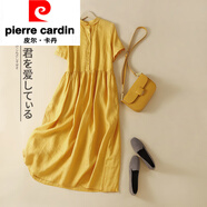 皮爾卡丹（pierre cardin）休閑棉麻連衣裙女夏季2025新款年輕媽m媽夏裝收腰高端苧麻亞麻長 黃色連衣裙/高端連衣裙/洋氣減齡 M (建議90-115斤)