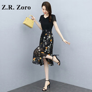 Z.R.Zoro奢侈品雪紡連衣裙女2025夏季新款收腰顯瘦氣質(zhì)裙洋氣減齡碎花裙女 黑色 XL