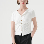CANVAUS短袖T恤女夏V領(lǐng)紐扣堆褶設(shè)計(jì)感顯瘦修身短款純色簡(jiǎn)約上衣 白色 S