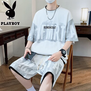 花花公子（PLAYBOY）男裝套裝夏季新款青少年運動寬松帥氣短袖短褲休閑百搭兩件套T恤 AF-白色上衣加褲子兩件套收藏加 2XL 建議140-155斤