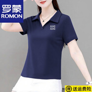 羅蒙（ROMON）純棉大碼顯瘦胖妹妹寬松短袖夏季正肩polo衫休閑上衣遮肚體恤純色 官方旗艦藏青色小白-JUIC L 建議85-105斤