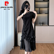 皮爾卡丹（pierre cardin）法式連衣裙女夏款高級(jí)質(zhì)感洋氣別致長(zhǎng)裙顯瘦時(shí)尚網(wǎng)紗魚(yú)尾裙設(shè)計(jì)感 黑色優(yōu)雅 顯身材/氣質(zhì)女神范 赫 2XL (建議130-145斤)