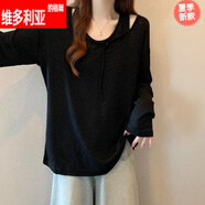 維多利亞的格調(diào)大碼微胖純色長袖T恤女2025新款秋季胖MM遮肉顯瘦上衣疊穿兩件套 黑色 M 【建議90~100斤】