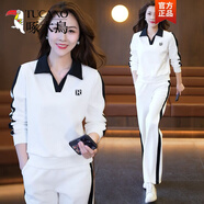 啄木鳥(niǎo)300斤大碼胖mm中年媽媽運動(dòng)服套裝女春秋洋氣減齡寬松長(cháng)袖兩件套 白色【上衣+褲子】 M_80-100斤