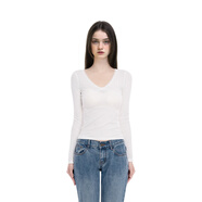 BM上衣女2026新款秋冬修身高腰短款V領(lǐng)蕾絲邊白色內搭外穿長(cháng)袖T恤 白色 均碼