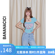 banana cici短袖女新款2024年復古百搭辣妹風(fēng)貓咪印花方領(lǐng)t恤上衣C242TX624 藍色 S