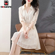 AEMAPE連衣裙女2025夏季新款法式簡(jiǎn)約風(fēng)時(shí)尚翻領(lǐng)輕奢寬松顯瘦百搭襯衫裙 杏色 寬松版 L 105-115斤