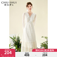 秋水伊人法式V領(lǐng)蕾絲長袖連衣裙春季新款女裝優(yōu)雅顯瘦長裙 米白 M