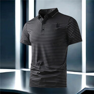 ROYAL PALM POLO SPORTS CLUB桑蠶絲男士短袖t恤夏季薄款中年條紋polo衫翻領(lǐng)體恤寬松爸爸半袖 黑色 M 100-120斤
