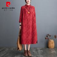 皮爾卡丹復古禪意亞麻袍子女2025春秋季提花大碼連衣裙胖mm棉麻改良旗袍裙 紅褐色 2XL 【165-195斤】