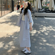 FSHE港風(fēng)休閑運動(dòng)套裝女秋季簡(jiǎn)約百搭條紋防曬襯衫寬松長(cháng)裙兩件套 藍色上衣+中長(cháng)裙【兩件套】 S 【建議80-100斤】