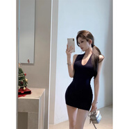 純欲風(fēng)v領(lǐng)針織背心連衣裙女夏季緊身短裙性感收腰包臀裙子 藏青色 均碼