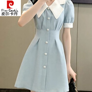 皮爾卡丹（pierre cardin）感法式娃娃領(lǐng)短袖連衣裙女夏季新款富家千金公主裙收腰短裙子 淺藍(lán)色 S 98斤內(nèi)