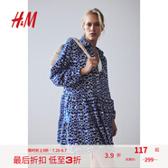 H&M女裝花卉連衣裙夏季有領(lǐng)寬松長袖微喇印花襯衫式短裙1221726 亮藍(lán)色/圖案 160/88