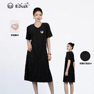 B.Duck小黃鴨連衣裙女2025夏季新款精致輕奢氣質(zhì)時(shí)尚長裙寬松短袖連衣裙 黑色（短款） L