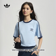 adidas三條紋修身純棉運(yùn)動(dòng)上衣圓領(lǐng)短袖T恤男女夏阿迪達(dá)斯三葉草 粉藍(lán)   2XL