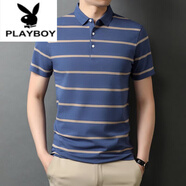 花花公子（PLAYBOY）夏季新款短袖t恤男純棉polo領(lǐng)衫翻領(lǐng)條紋體恤中年爸爸上衣T 88113深藍 XL 175建議140-155斤