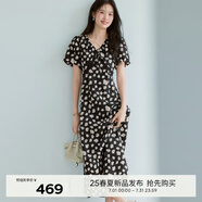 伊芙麗（eifini）伊芙麗花邊嵌邊裝飾A擺肌理底布碎花連衣裙女2025春季新款裙子 水墨黑 S 80-105斤
