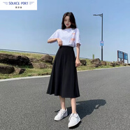 壹源港2025春夏季新高腰長(zhǎng)裙a字型新款半身裙女裝學(xué)生黑色顯瘦收腰裙子 黑色 L_[100-120斤]
