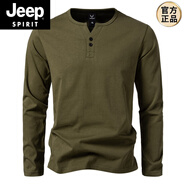 JEEP SPIRIT300克重磅純棉大碼修身亨利領(lǐng)長(cháng)袖體恤衫男春秋款純色運動(dòng)健身T恤 軍綠色 4XL