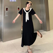 冉藝嵐同款大碼法式連衣裙女夏季胖mm新款顯瘦遮肉蝴蝶結(jié)寬松中長款小黑 同款大碼連衣裙【黑色】 M 適合【80-100斤】