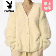 花花公子（PLAYBOY）品牌歐美跨境貂絨V領(lǐng)針織毛衣女2024秋冬新款寬松純色開衫女外套 黃色 XL