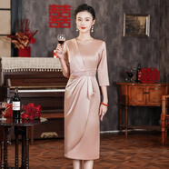 高級感婚禮媽媽禮服洋裝夏季新款中年結(jié)婚喜婆婆婚宴裝平時(shí)可穿 杏色七分袖 2XL