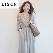 LISCN連衣裙秋裝新款女夏韓版時(shí)尚長(zhǎng)袖子中長(zhǎng)款氣質(zhì)流行長(zhǎng)A字裙子女裝 灰色 M [建議95-105斤]