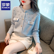 羅蒙（ROMON）2025秋季新款女裝粗針毛衣外套氣質鑲鉆小香風打底衫上衣針織衫女 藍色 均碼