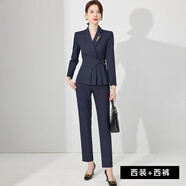 艾尚臣高級(jí)感西裝套裝女短袖小個(gè)子時(shí)尚商務(wù)職業(yè)裝正裝西服外套通勤職場(chǎng) 藏青色西裝+西褲 S
