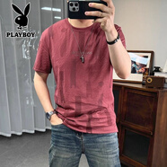 花花公子（PLAYBOY）夏季薄款棉麻短袖T恤男新款字母壓膠修身圓領(lǐng)透氣體恤衫 紅色 M 90-115斤