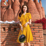 啄木鳥(niǎo)夏裝新款短裙露肩仙女裙a字裙子韓版收腰紅色無(wú)袖雪紡連衣裙女裝 姜黃色(短袖) 2XL