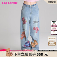 拉拉波波（LALABOBO）袁一琦同款純棉牛仔褲女高腰顯瘦小熊印花寬松闊腿褲潮RBDC-ZC19 中藍(lán)白 常規(guī) 27 建議125-140斤